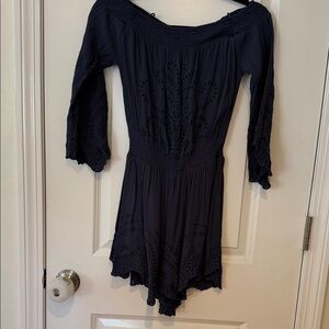 Astr Navy Blue Off-Shoulder Eyelet Romper